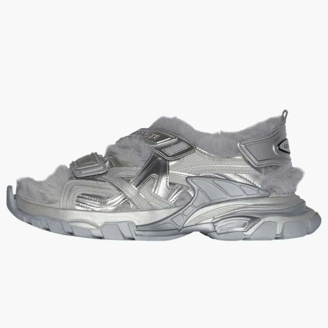Balenciaga Track Sandals Faux Fur Grey Metallic