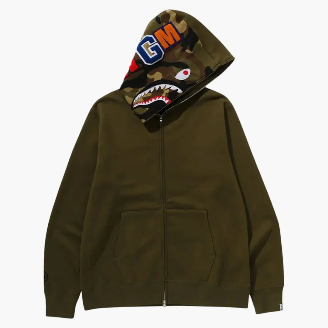 Bape 1st Shark Full Zip Hoodie Olivedrab - Image 3