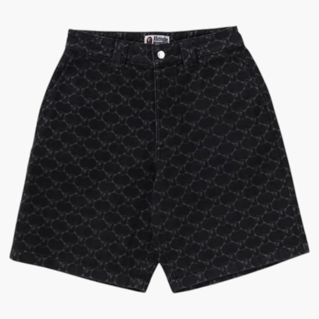Bape College Monogram Relaxed Fit 13oz Denim Shorts Black