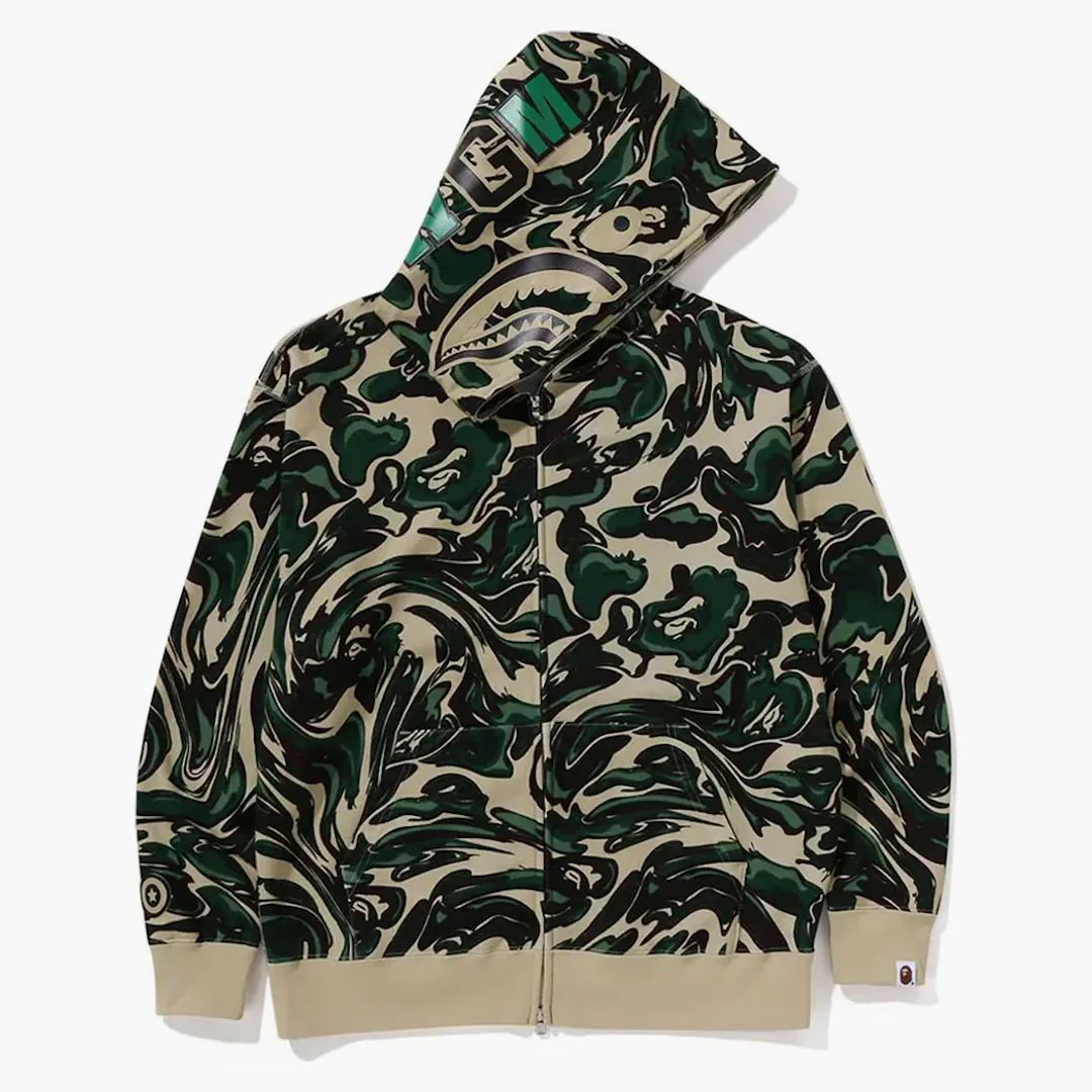 Bape Marbling Camo Shark Relaxed Fit Full Zip Hoodie Green - Image 2