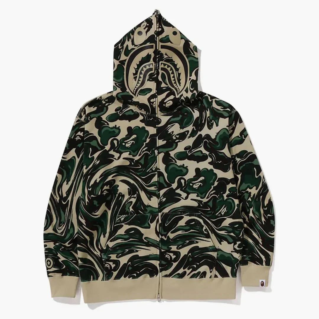 Bape Marbling Camo Shark Relaxed Fit Full Zip Hoodie Green - Image 3