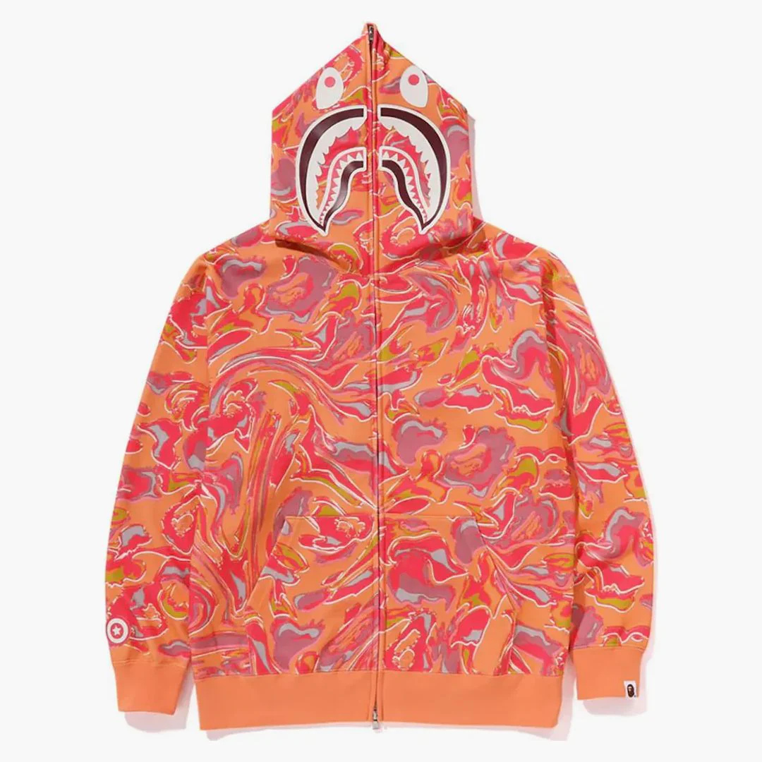 Bape Marbling Camo Shark Relaxed Fit Full Zip Hoodie Orange - Image 3