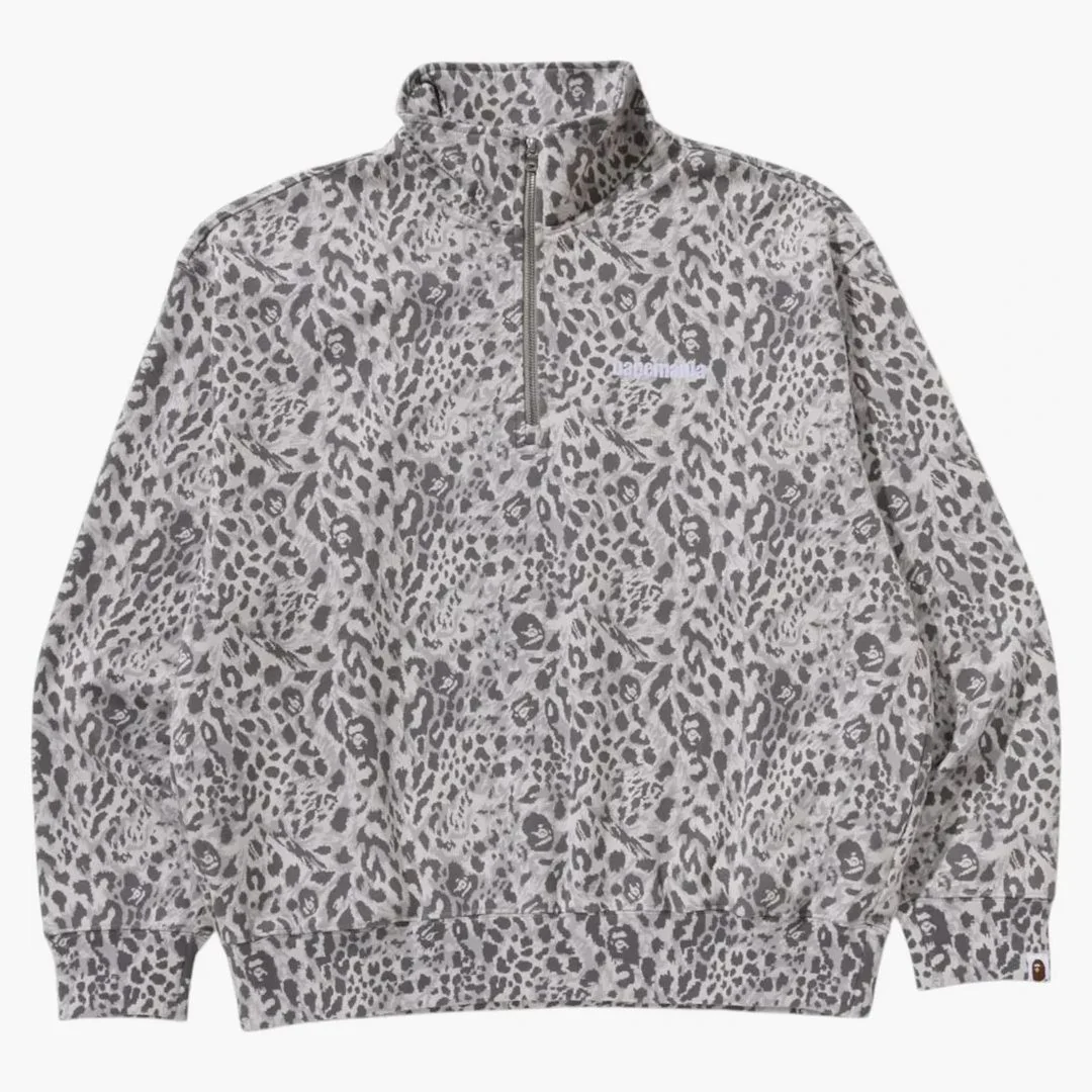 Bape Wild Leopard Pattern Relaxed Fit Half Zip Sweatshirt Gray