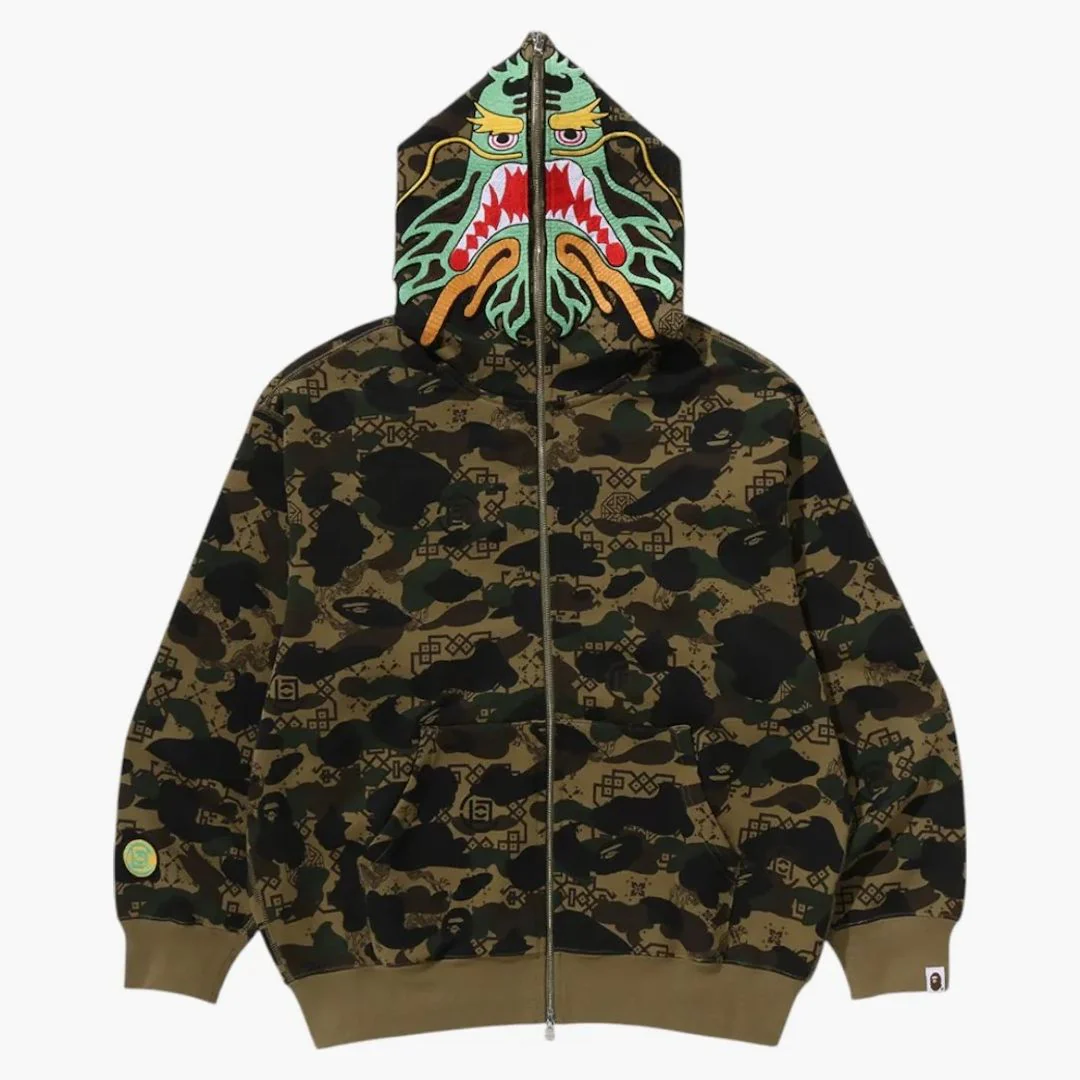Bape X Clot Camo Shark Full Zip Hoodie Olive - Image 2