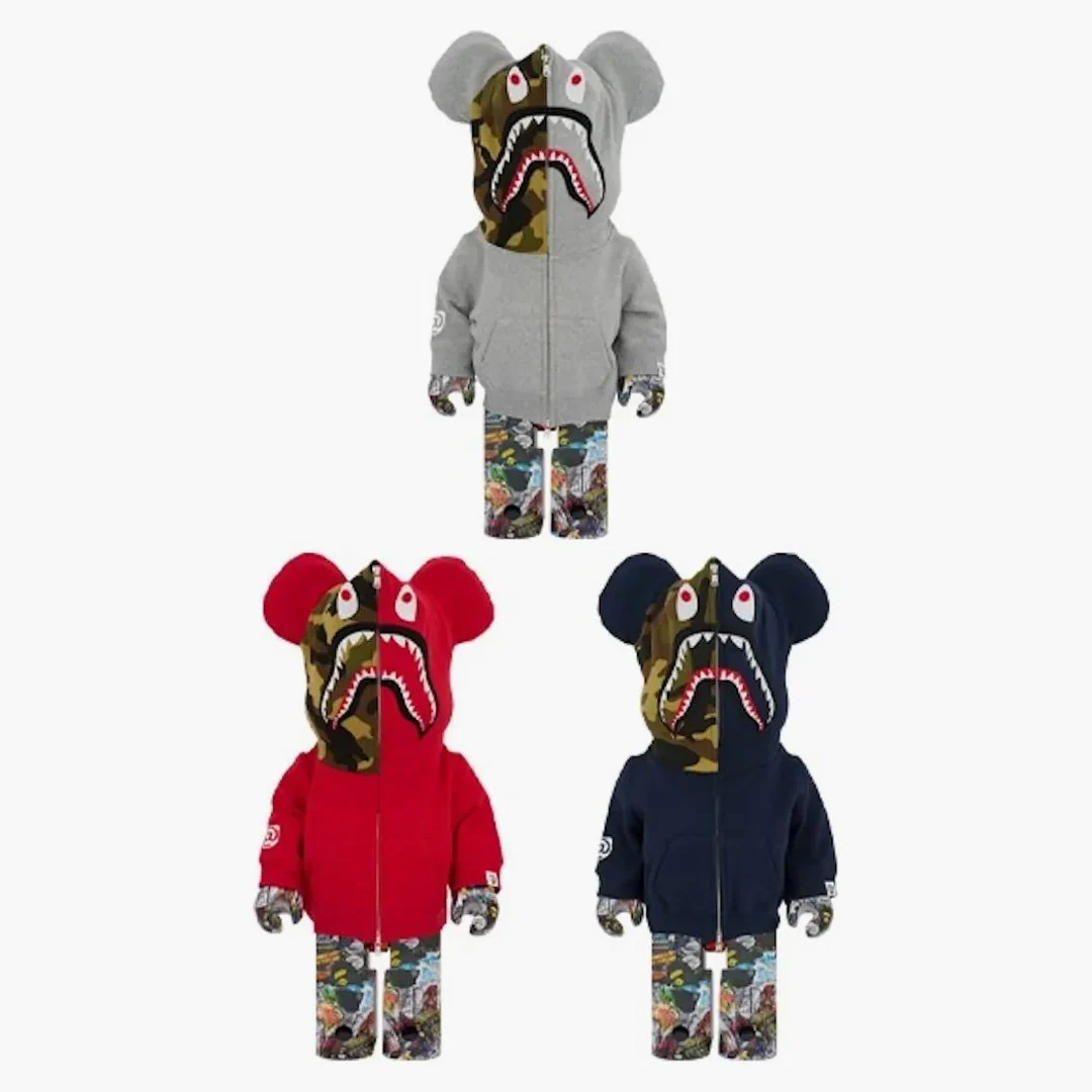 Bearbrick Bape Legacy Camo Shark 3 Pc Set 1000% Grey/red/navy