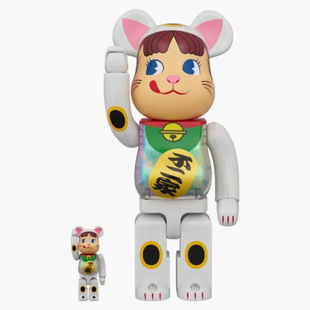 Bearbrick Lucky Cat Peko-chan White Plated Luminescent Milky 100% & 400% Set