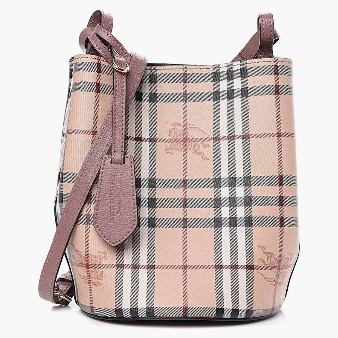 Burberry Small Lorne Haymarket Check Bucket Bag Light Elderberry - Image 3