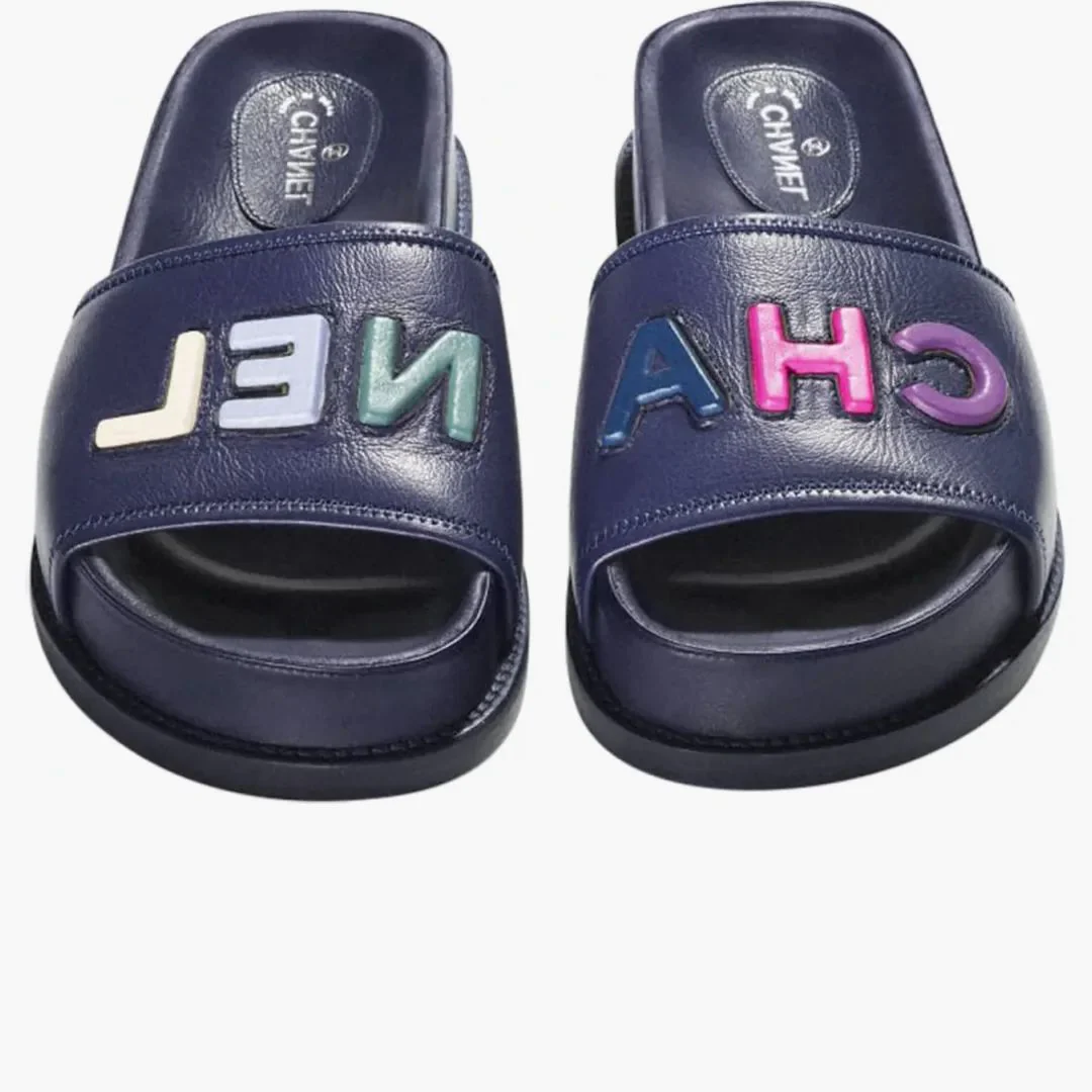 Chanel Logo Mule Sandal Navy Leather - Image 2