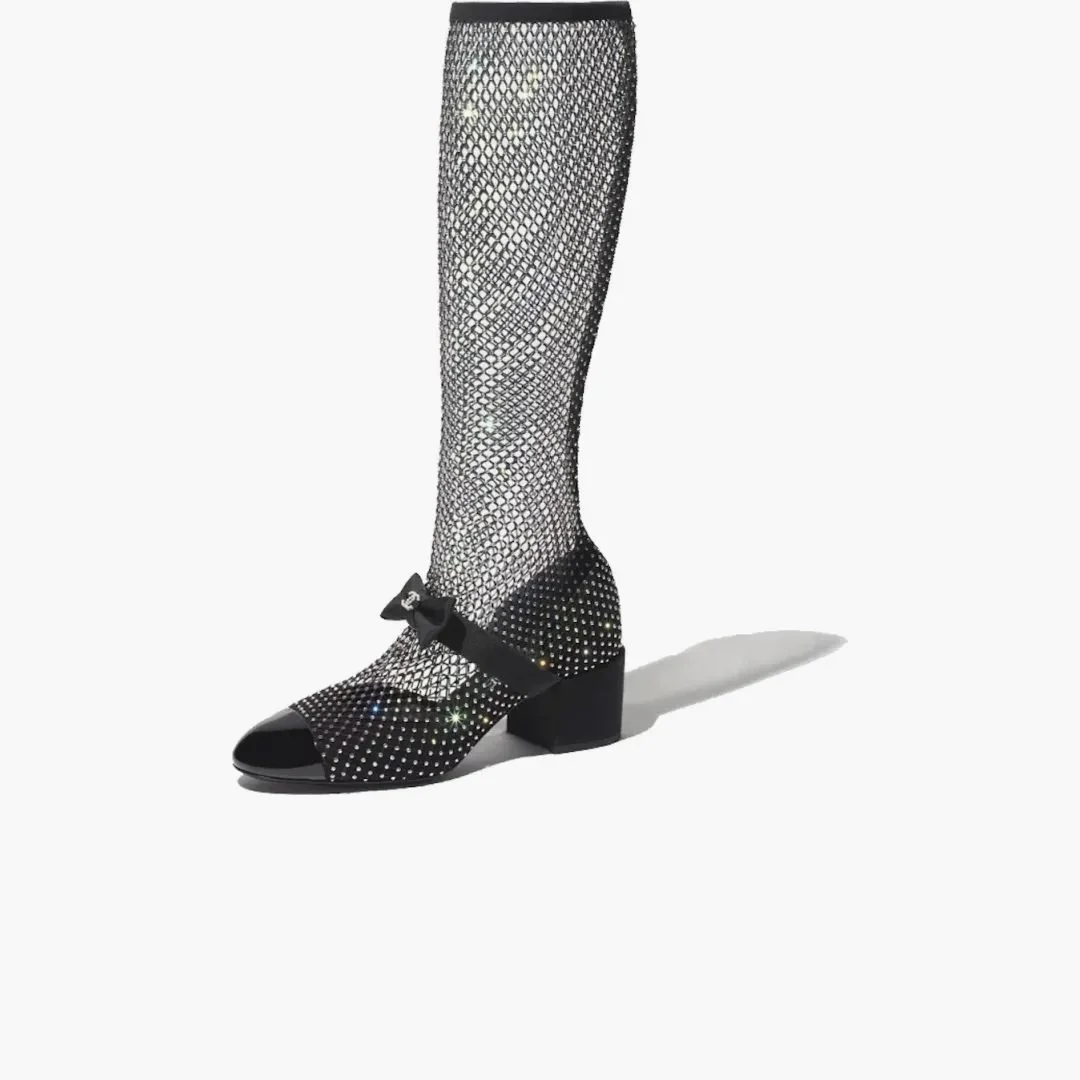 Chanel Resille 55mm Knee High Mary Janes Black Crystal Patent Calfskin