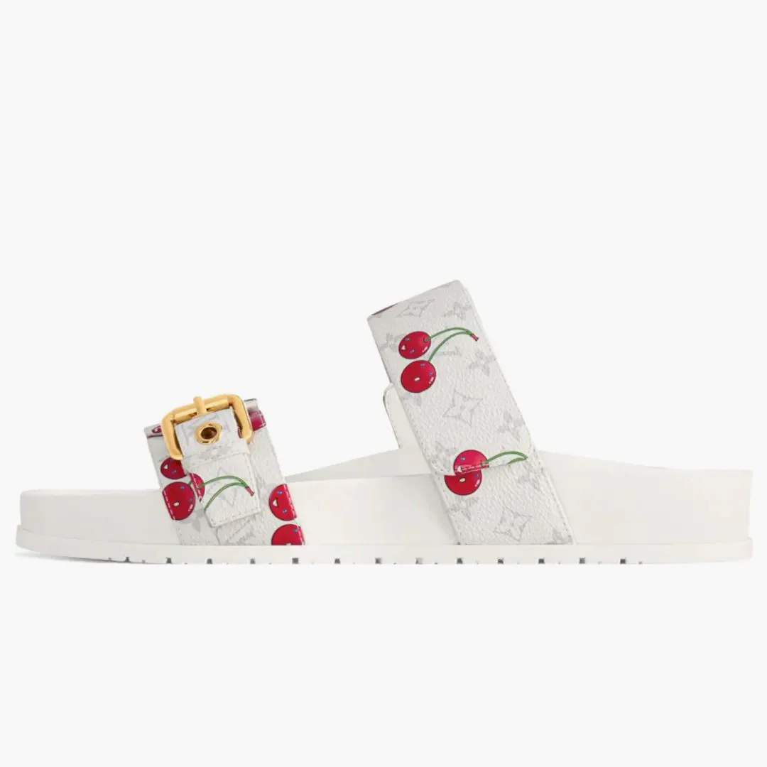 Louis Vuitton Cherry Bom Dia Flat Comfort Mule X Takashi Murakami White Monogram Cherry - Image 3