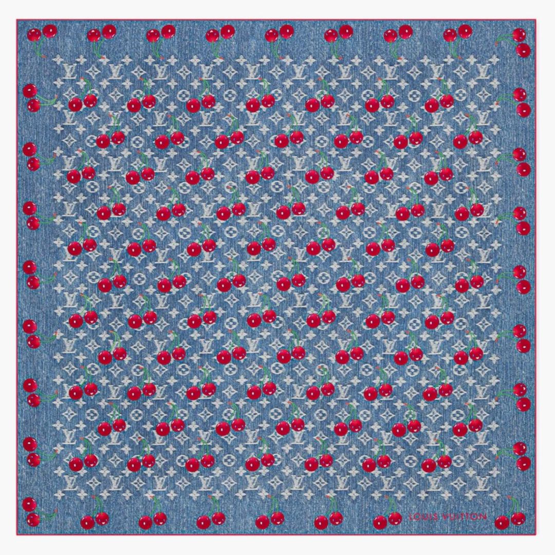 Louis Vuitton X Takashi Murakami Denim Cherry Square 90 Blue Denim