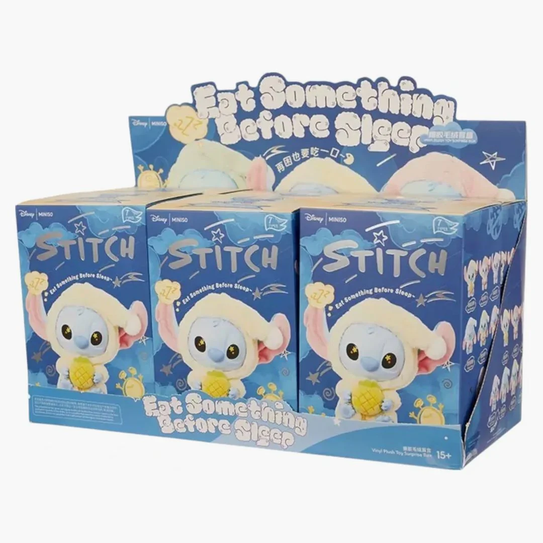 Miniso Top Toy Disney Stitch Eating Something Before Sleep Plush Keychain Sealed Case (6 Blind Box)
