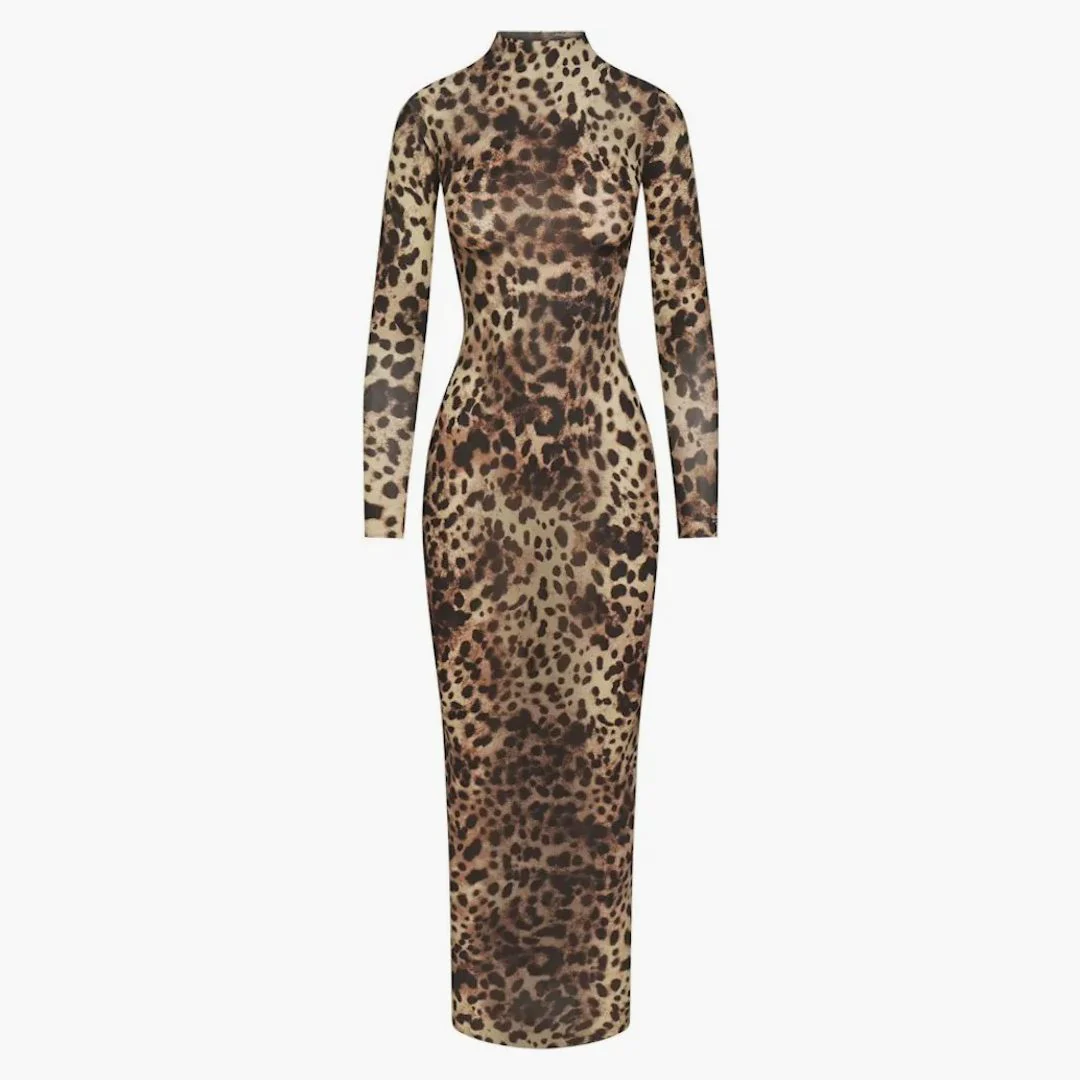 Skims X Dolce&gabbana Milky Sheer Mock Neck Long Dress Leopard