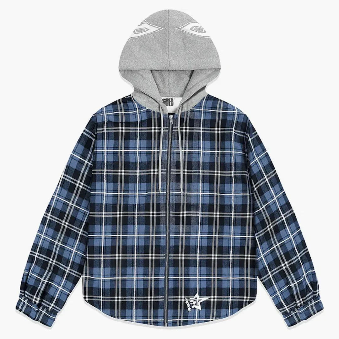 Sp5der Hooded Zip Flannel Shirt Jacket Blue Plaid