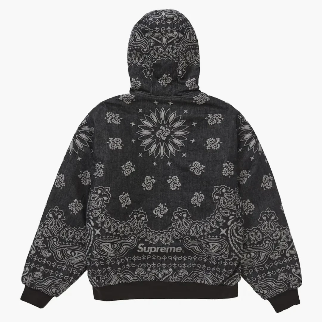 Supreme Bandana Jacquard Denim Hooded Work Jacket Black - Image 2