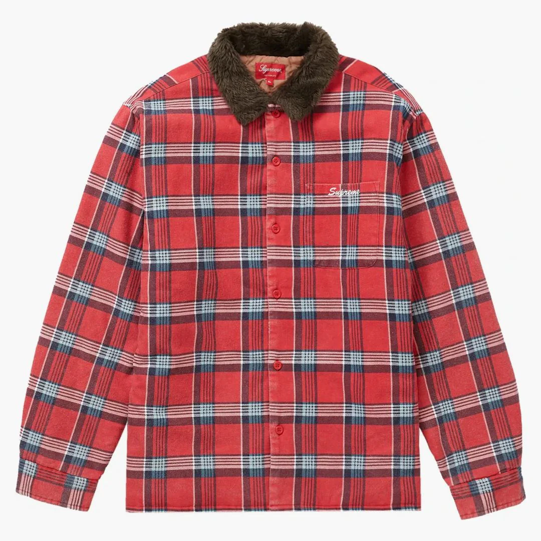 Supreme Faux Fur Collar Flannel Shirt Red - Image 2