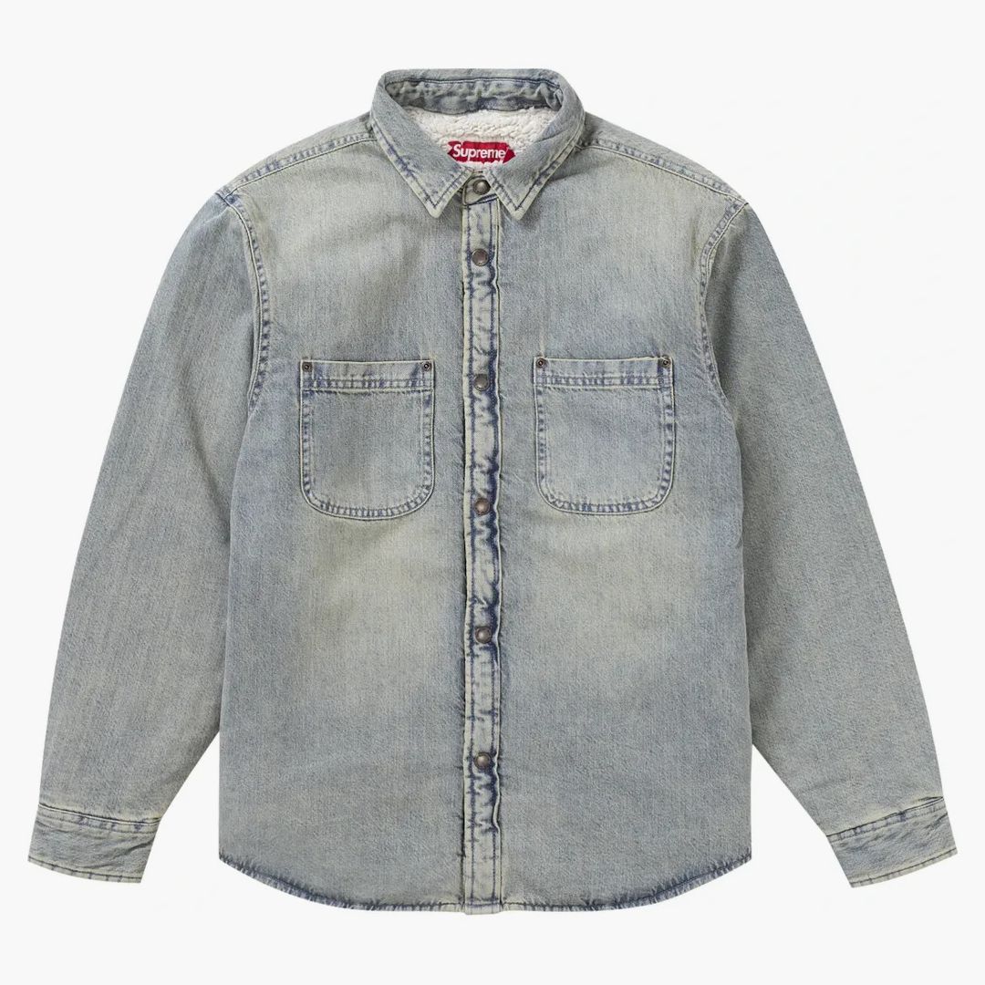 Supreme Faux Shearling Lined Work Shirt Washed Indigo Denim - Image 2
