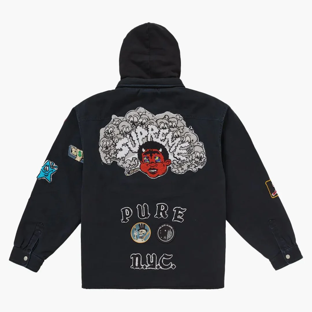 Supreme Patches Hooded Zip Up Shirt Black - Image 2