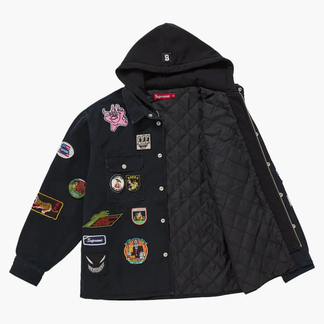 Supreme Patches Hooded Zip Up Shirt Black - Image 3