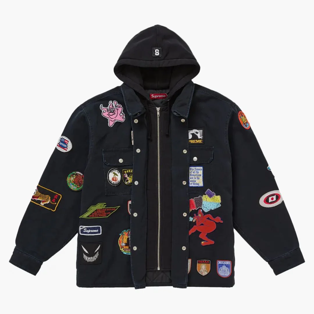 Supreme Patches Hooded Zip Up Shirt Black - Image 4
