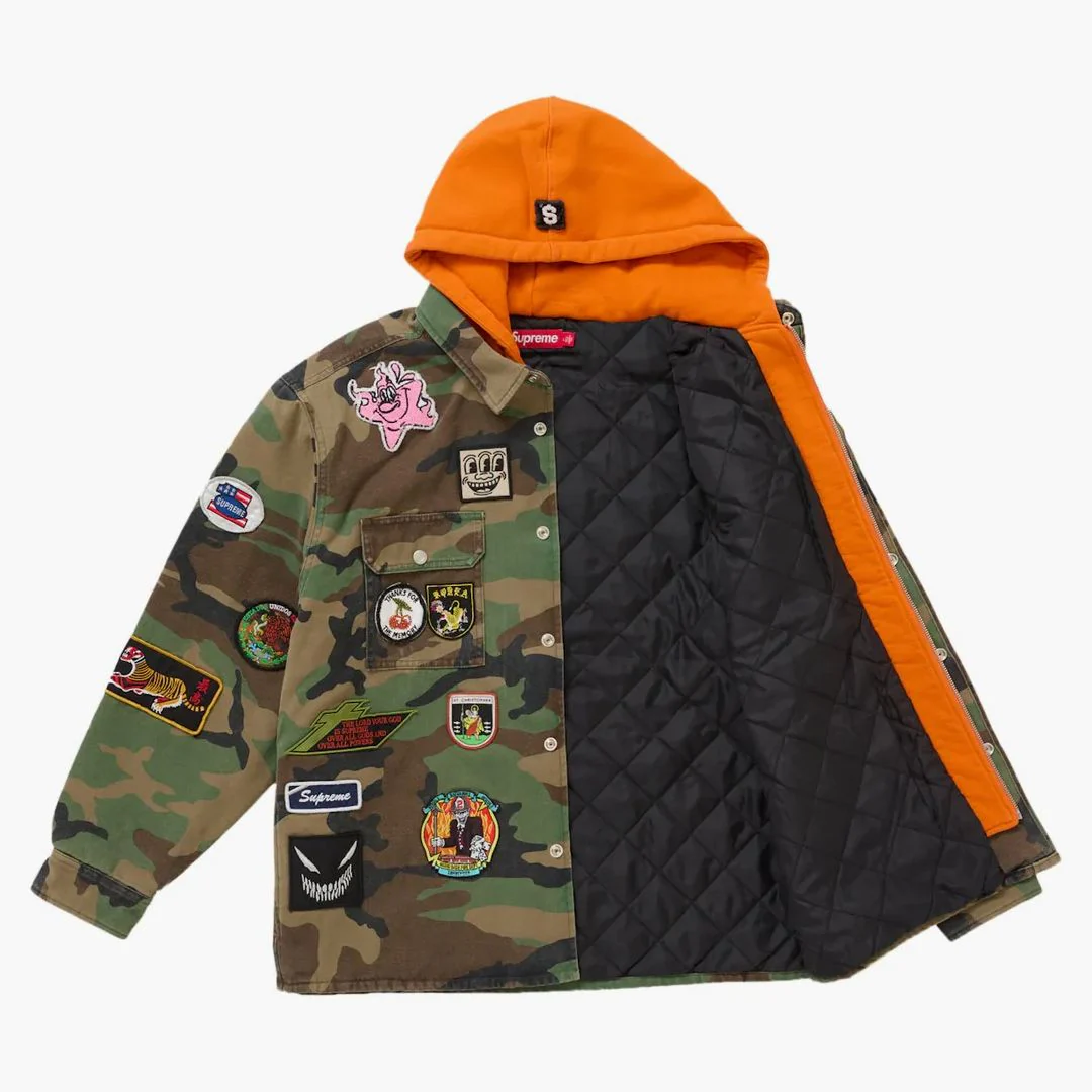 Supreme Patches Hooded Zip Up Shirt Woodland Camo - Image 3