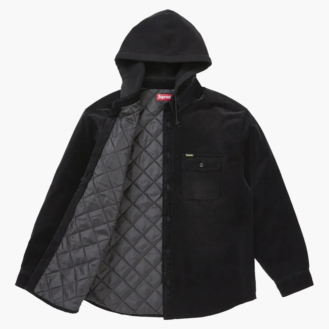 Supreme Quilted Lined Hooded Velvet Shirt Black - Image 2