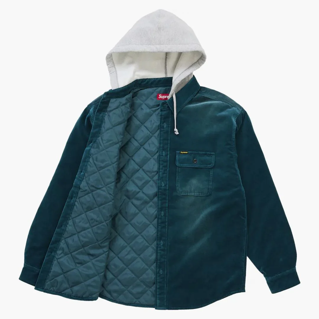 Supreme Quilted Lined Hooded Velvet Shirt Teal - Image 2