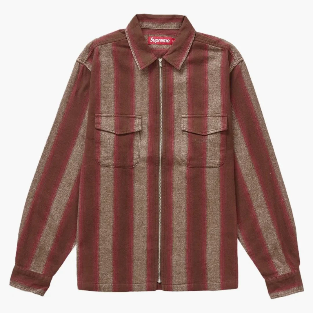 Supreme Stripe Flannel Zip Up Shirt Brown