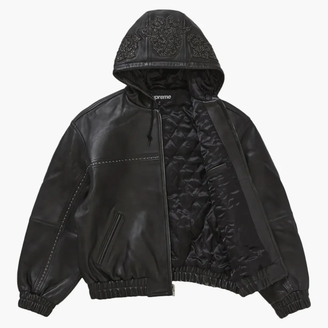 Supreme Studded Hooded Leather Jacket Black - Image 2