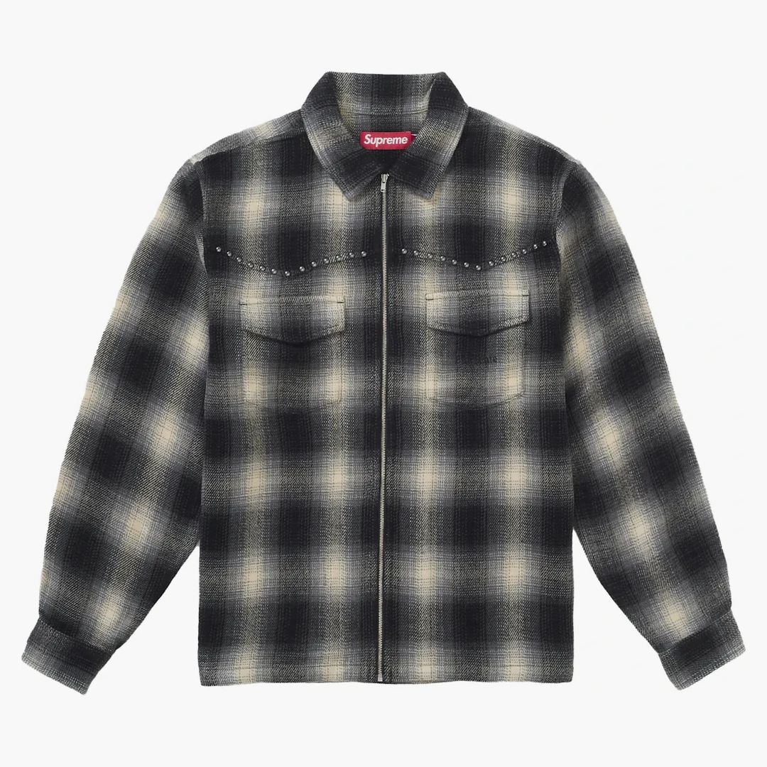 Supreme Studded Shadow Plaid Zip Up Shirt Black