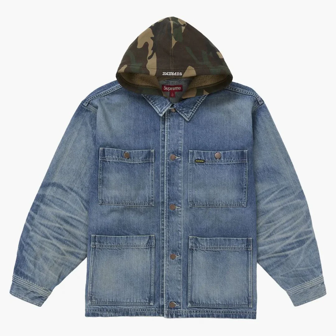 Supreme Worn Hooded Chore Coat Denim
